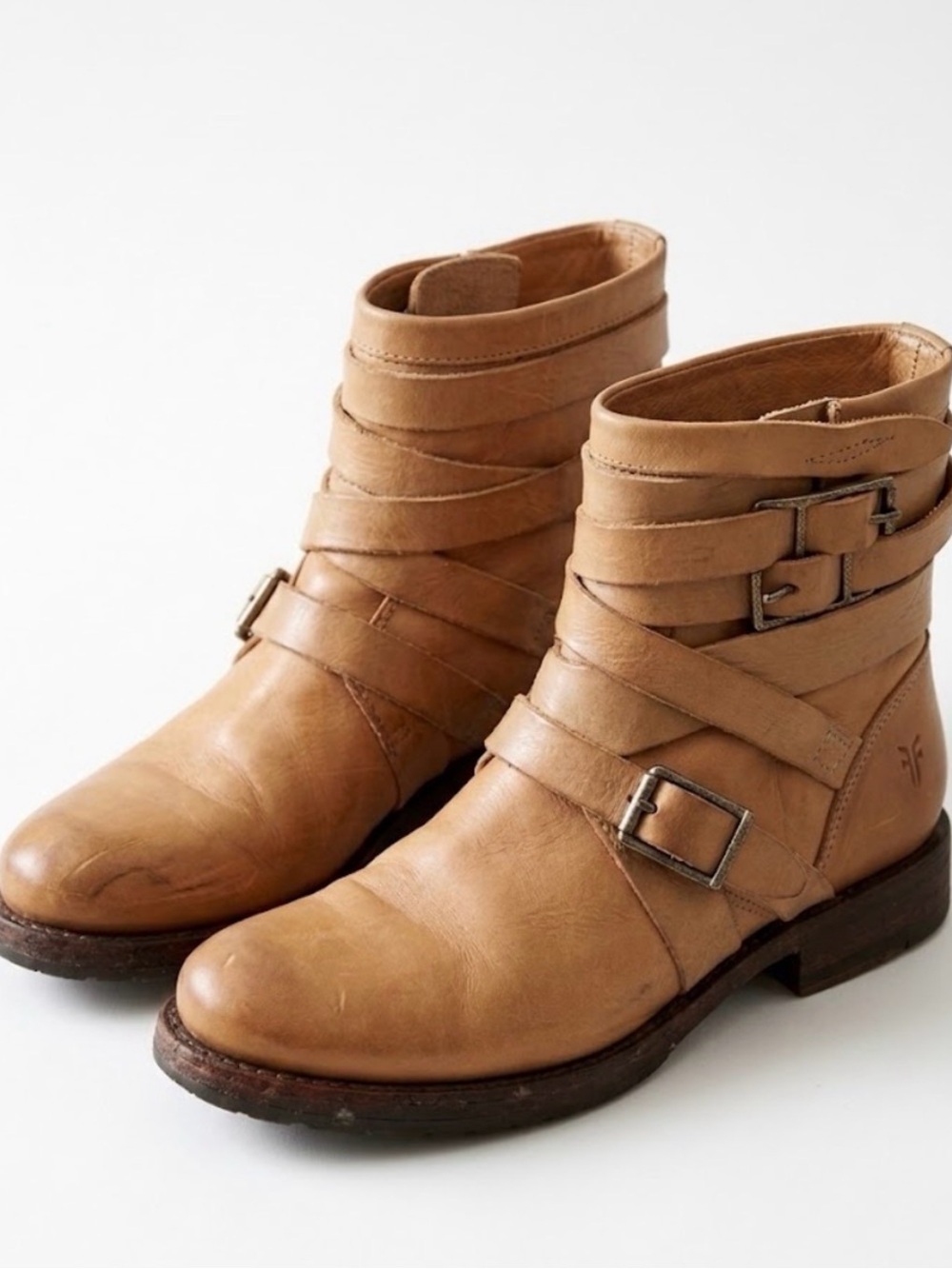 Frye Camel Tan Leather Strap Ankle Boots - Women's size 7.5